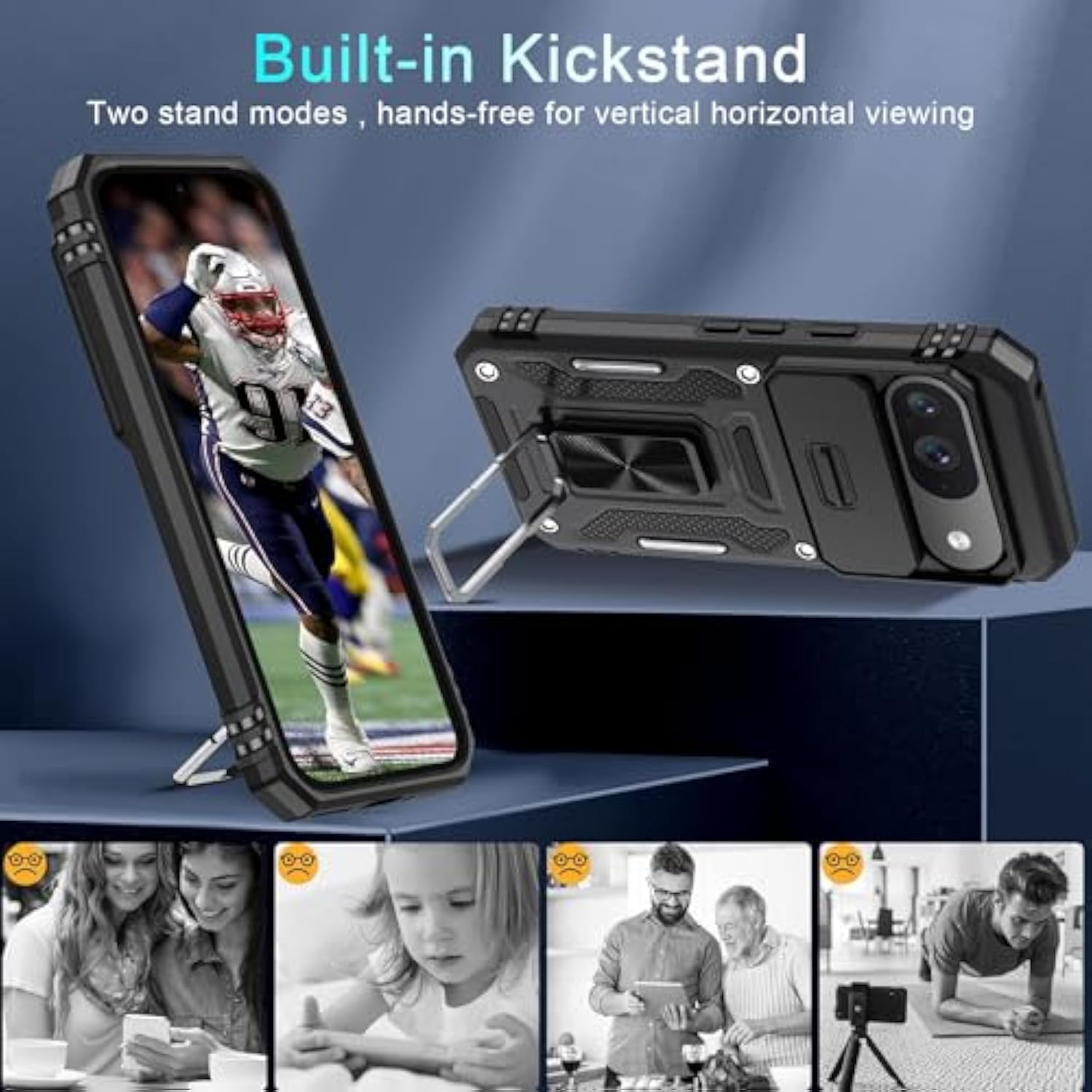 Case For Google Pixel 9/9 Pro With Slide Camera Cover+Screen Protector(1 Pack), Rotated Ring Kickstand Military Grade Shockproof Protective Cover-Black