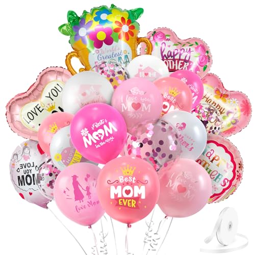 Happy Mothers Day Balloons, 35 PCS Mother's Day Trophy Heart Flower Foil Balloons, Premium Aluminum Foil Mothers Ballons for Mother's Party Birthday Decorations Supplies