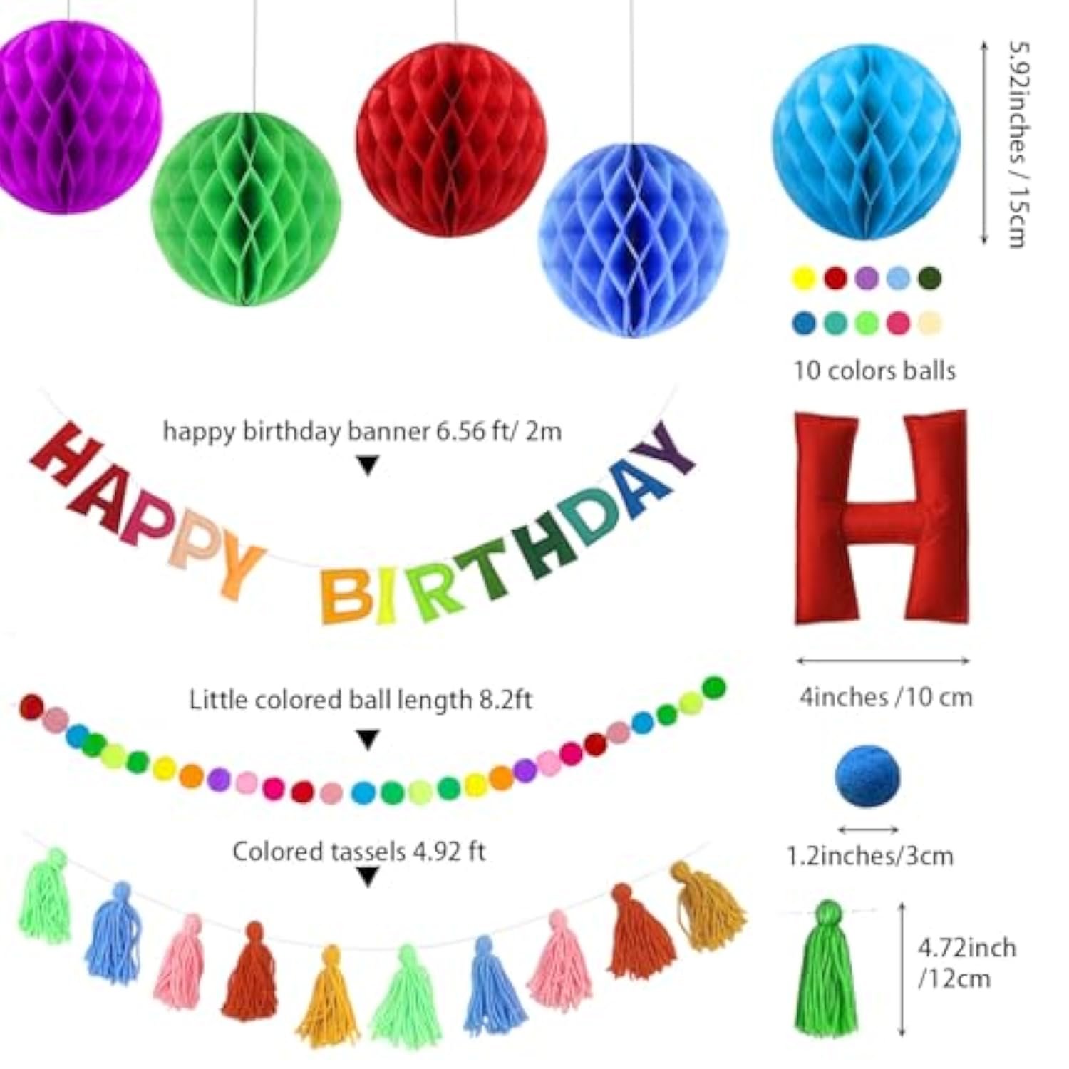 Reusable Happy Birthday Banner, Felt Birthday Garland Pom Pom Party Decor, Plush Tassels, With 10Pcs Honeycomb Balls, Rainbow Pre-Strung Party Celebration Decorations