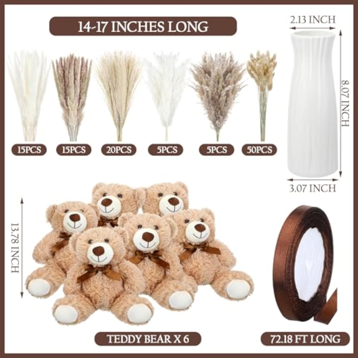 6 Sets 123 Pcs Baby Shower Table Centerpieces Dried Pampas Decor Bear Stuffed Ceramic Look Plastic Vase With Bow For Boho Wedding Bridal Shower Flowers Table Decorations(Blue,Boy)