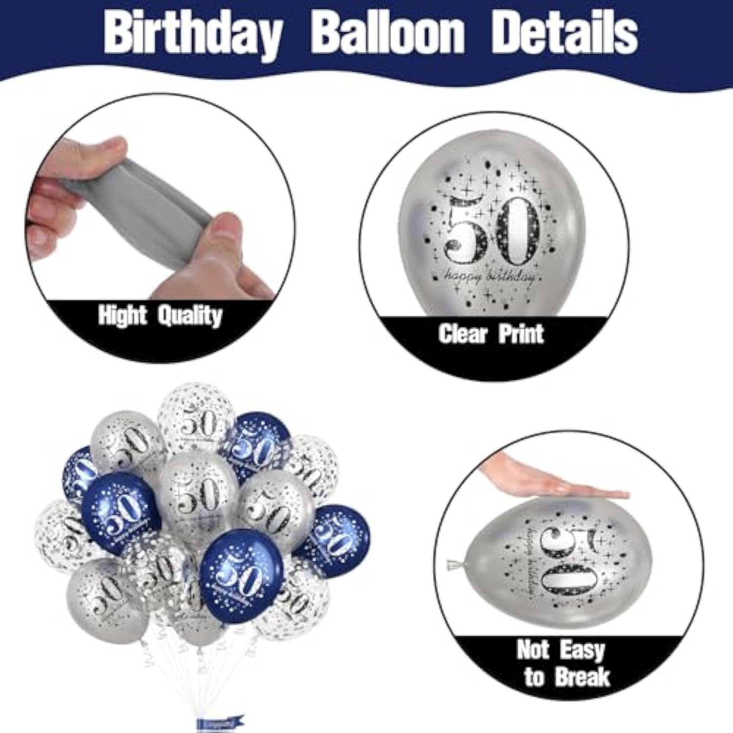 15-Pack Navy Blue and Silver 50th Birthday Balloons for Men