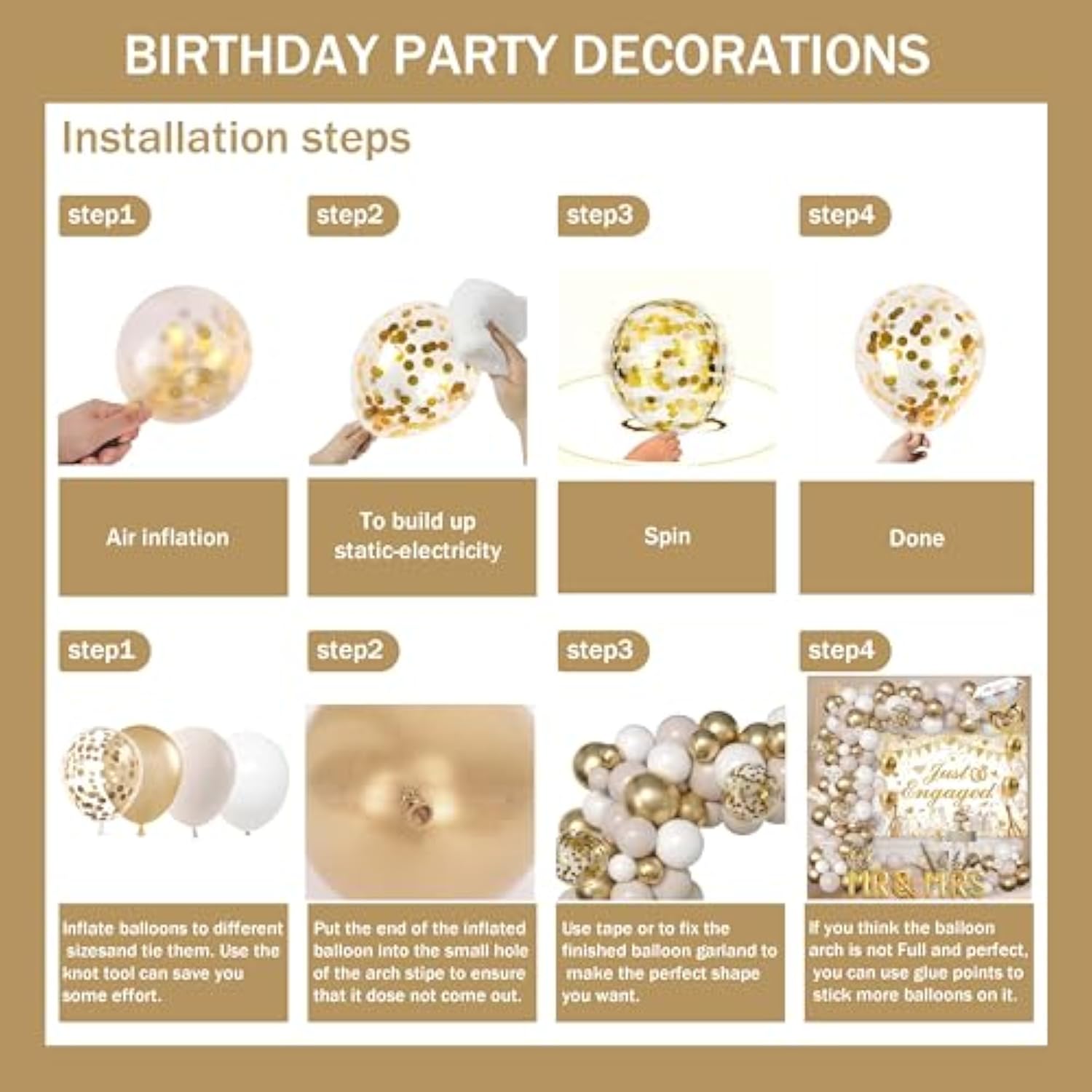 Engagement Party Decor White and Gold Balloon Arch with Just Engaged Backdrop