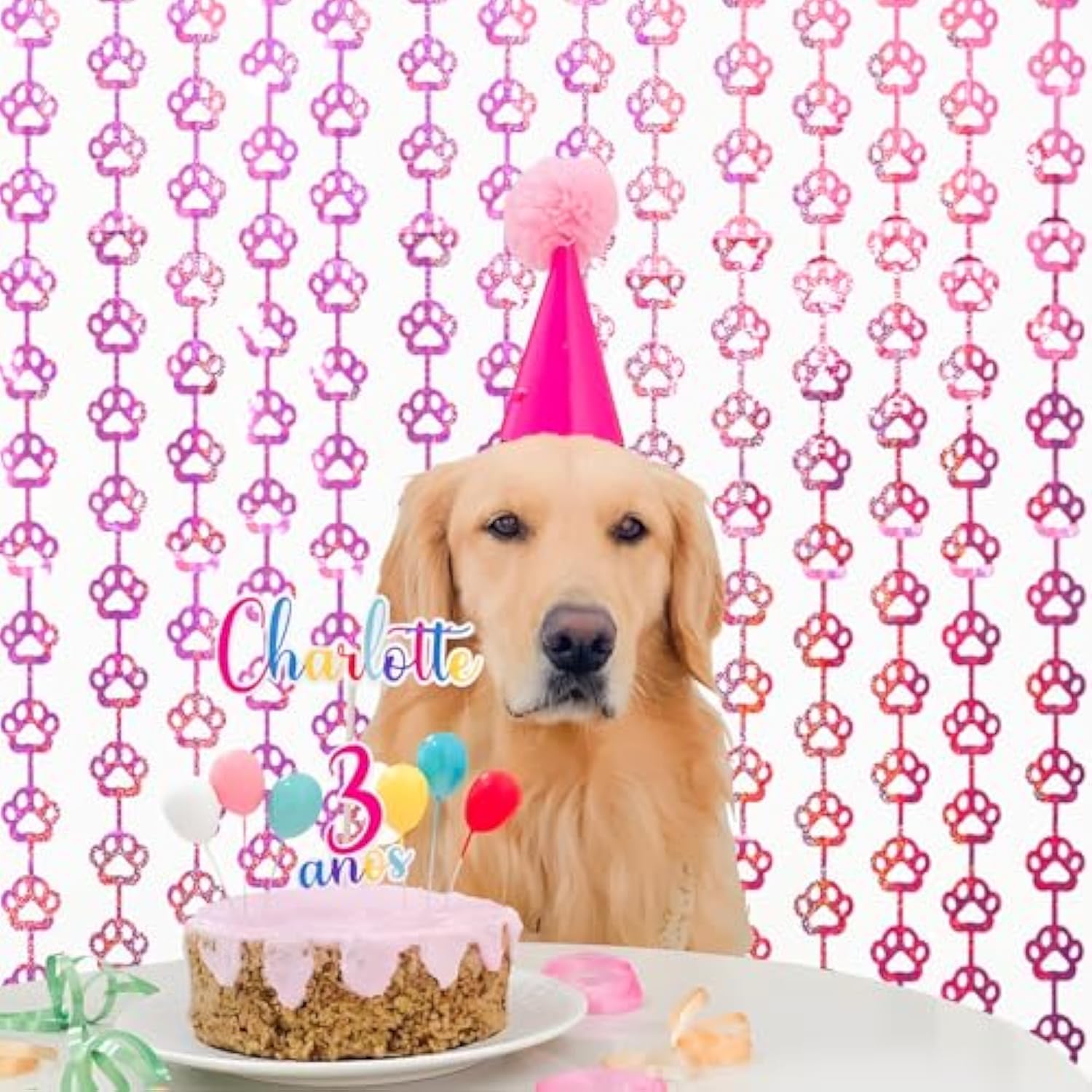 Pink Dog Birthday Party Decorations: Paw Print Foil Fringe Curtains