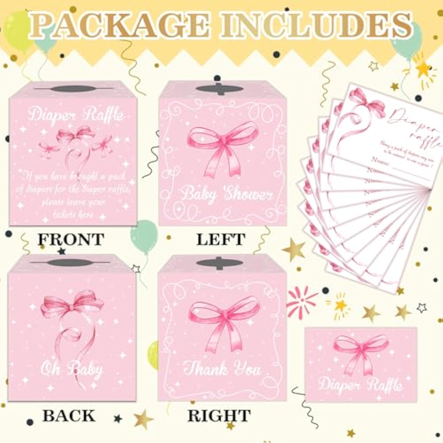 Pink Bow Diaper Raffle Baby Shower Game, Pink Bow Diaper Raffle Baby Shower Party Kit, Including 50 Pink Bow Diaper Raffle Tickets, Diaper Raffle Baby Shower Decor, Pink Bow Raffle Game Box