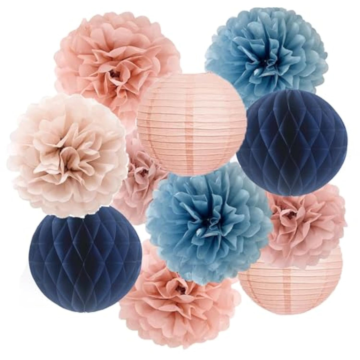 Dusty Pink Blue Hanging Party Decorations With Tissue Pom Poms And Paper Lantern For Bridal Baby Shower Gender Reveal Birthday Decor Supplies (Dusty Blue + Rose Gold)