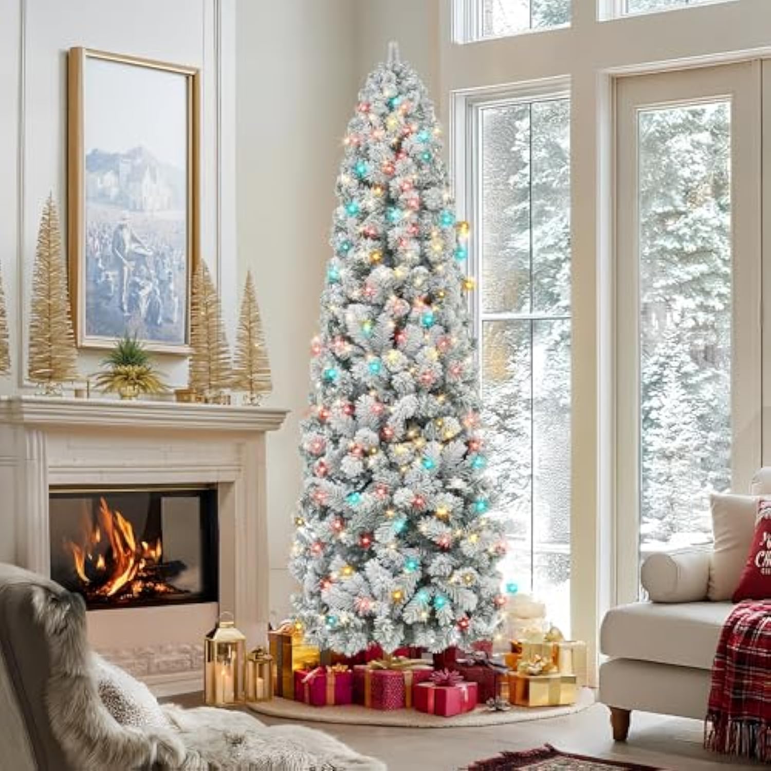 7.5 Ft Flocked Prelit Christmas Tree With 348 Led Lights, App Control, Skinny Artificial Pencil Christmas Tree, Multi-Color Rgbw Lights, 960 Branch Tips, For Small Space, Home, Party