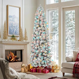 7.5 Ft Flocked Prelit Christmas Tree With 348 Led Lights, App Control, Skinny Artificial Pencil Christmas Tree, Multi-Color Rgbw Lights, 960 Branch Tips, For Small Space, Home, Party