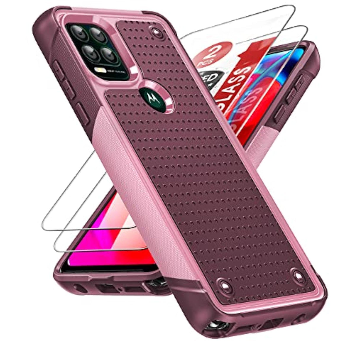 For Moto-G-Stylus-5G-2021-Case: Moto G Stylus 5G Case With Screen Protectors, Dual Layer Protective Hard Pc Back & Soft Bumper Resilient Shock Absorb Motorola G Stylus 5G 2021 Case, Red Pink