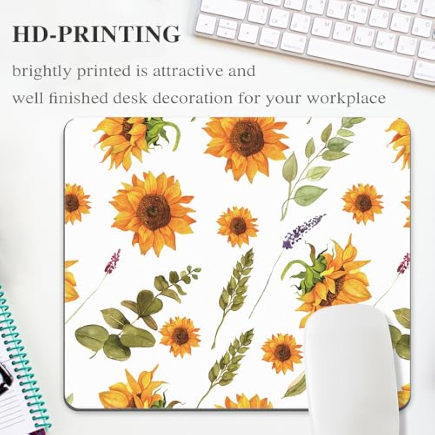 White Sunflower Mouse Pad Computer Cute Plant Leaves Yellow Flower Wildflower Mousepad Desk Mat Square Aesthetic Nature Washable Office Accessories Laptop Wireless Travel Decorative Pattern Gaming