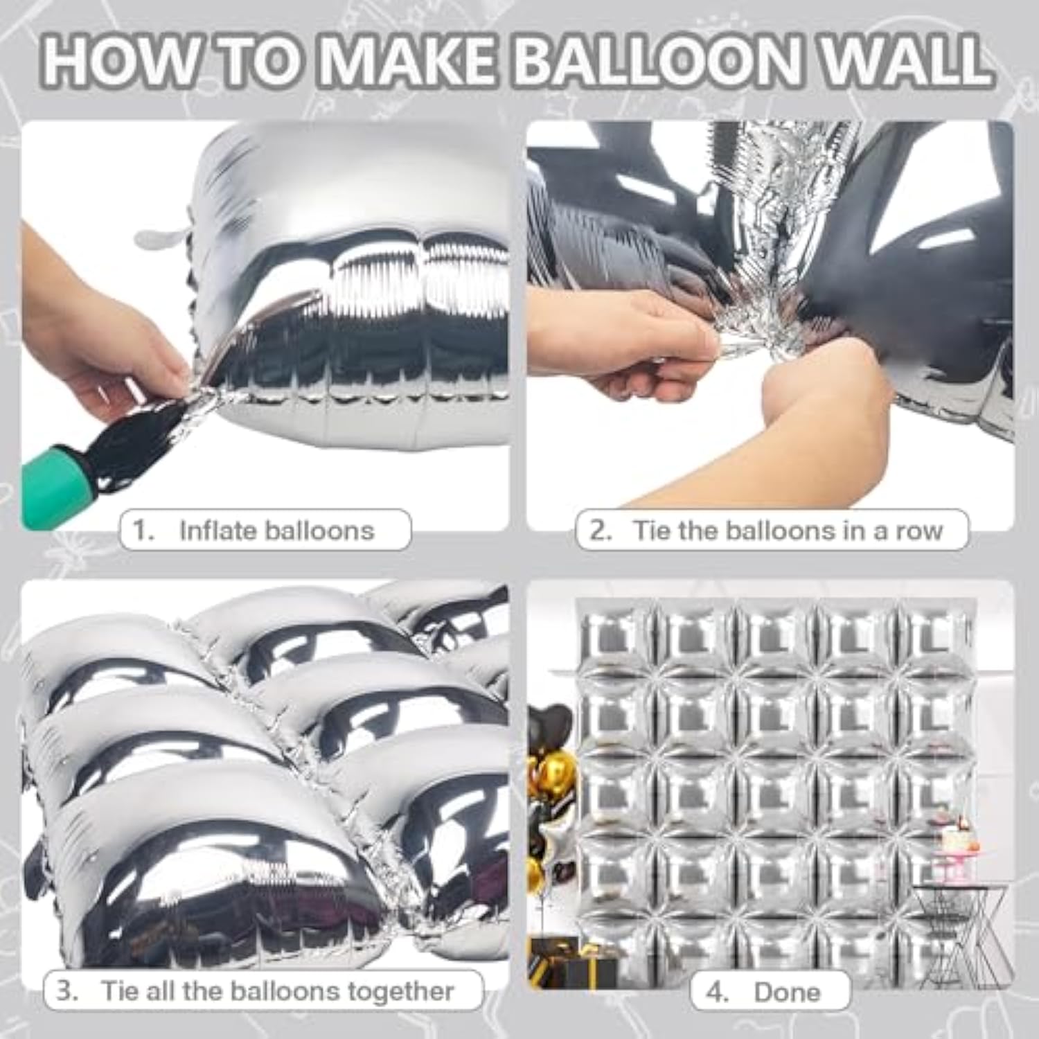 25Pcs Metallic Silver Square Foil Balloons Wall Backdrop Chrome Silver Balloons Tunnel Garland Arch Kit For Anniversary Bachelorette Birthday Engagement Bridal Baby Shower Party Decorations