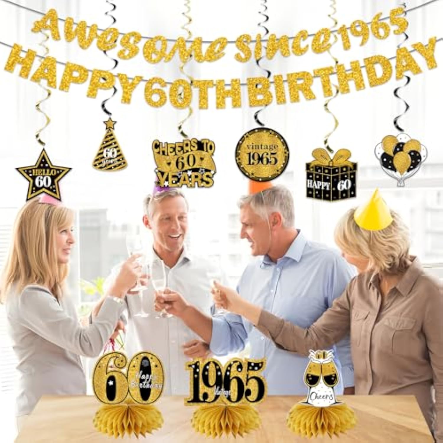 11-Pc Black & Gold 60th Birthday Décor Kit with Banners & Centerpieces