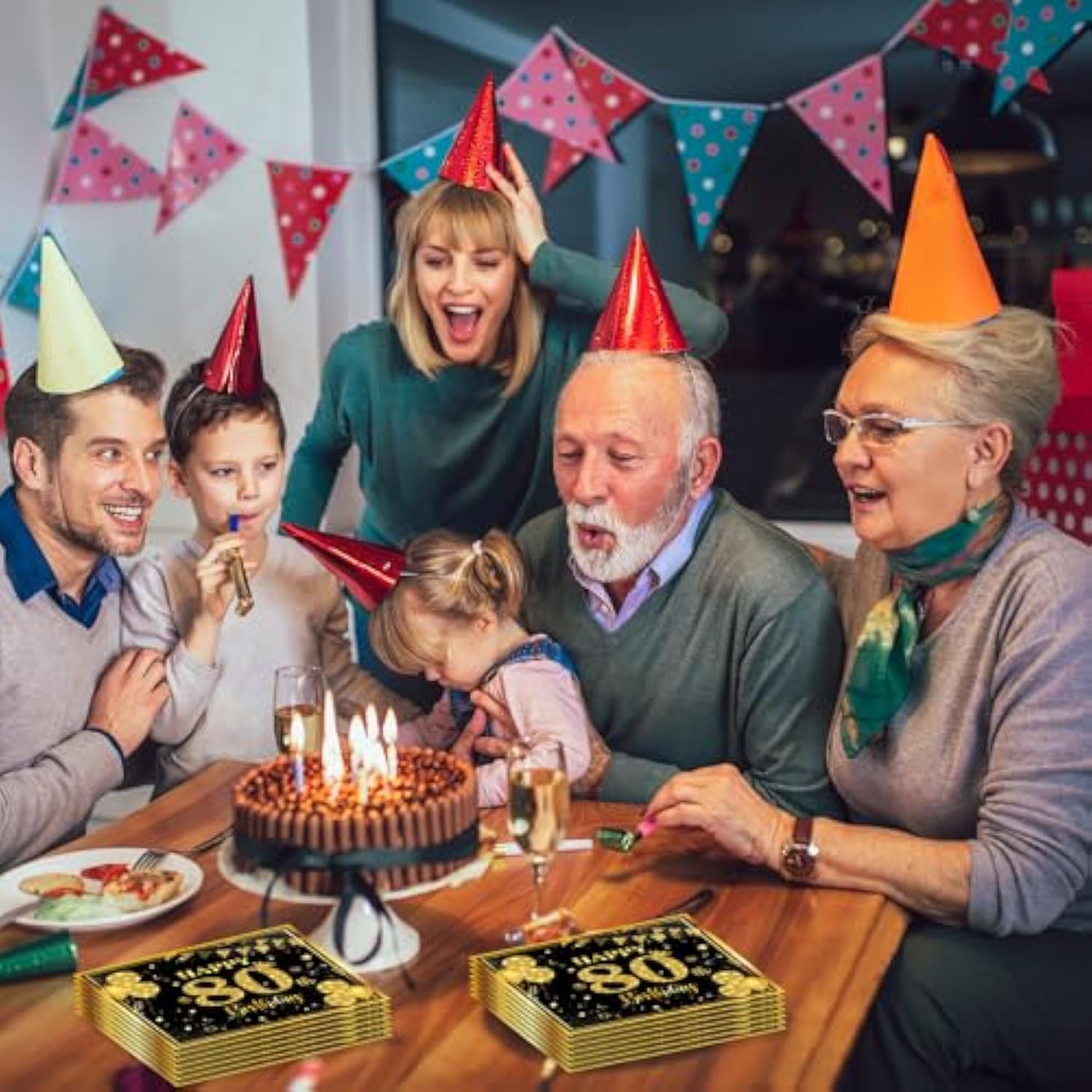 50Pcs 80Th Birthday Napkins, 13 X 13 Inches Black And Gold Cocktail Beverage Napkins Disposable Men Women Party Supplies For Birthday Wedding Anniversary Decoration