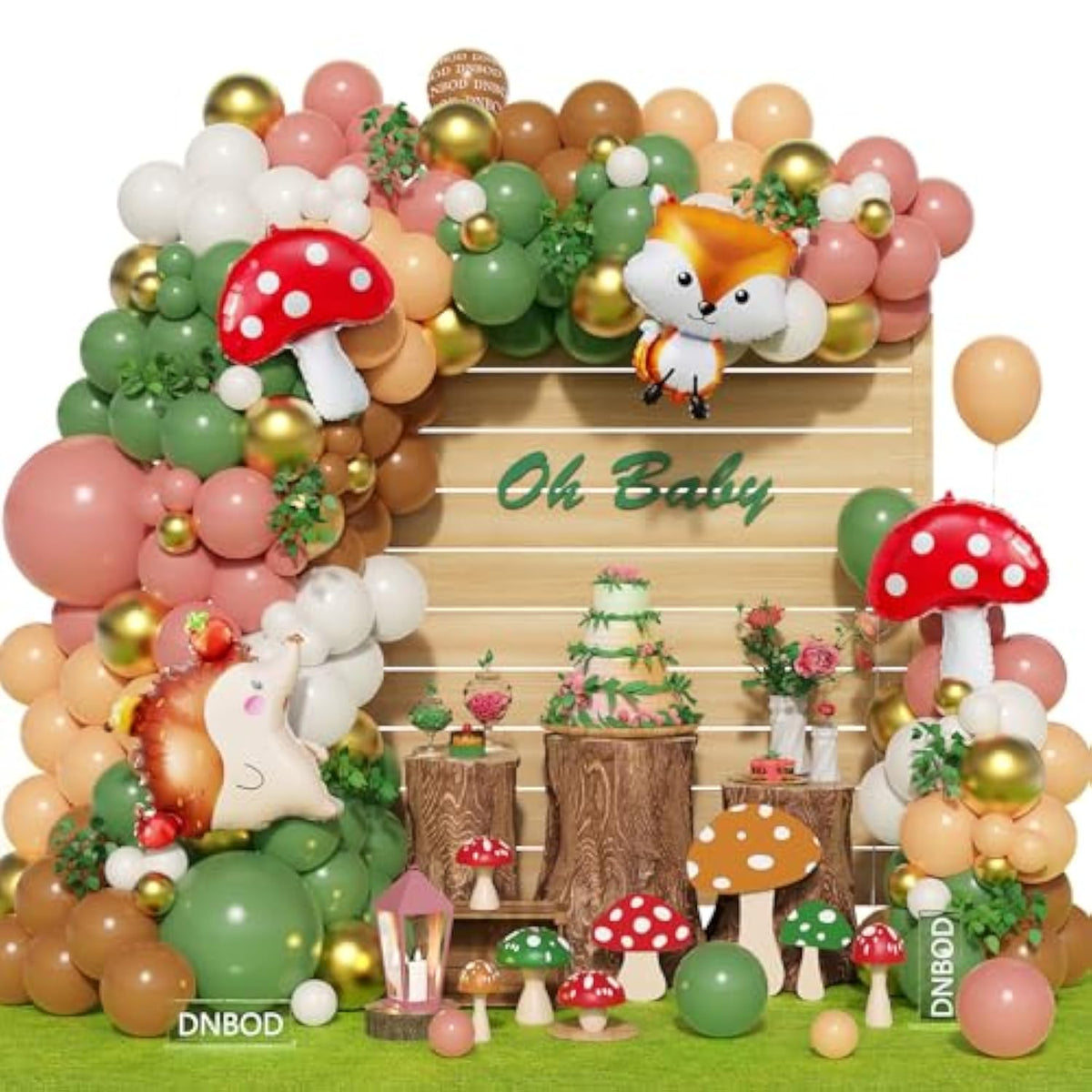158Pcs Sage Green Pink Gold Woodland Balloon Garland Arch Kit,With Mushroom,Fox,Hedgehog Foil Balloons For Forest Fairy Wild Animal Theme Baby Shower Birthday Spring Garden Tea Party Decorations