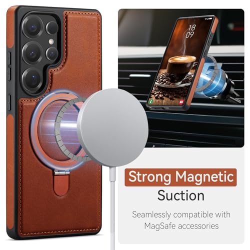 for  Galaxy S25 Ultra Case with Stand Compatible with Magsafe, Slim PU Leather & Rubber Drop Proof Magnetic Kickstand Protective Phone Cases
