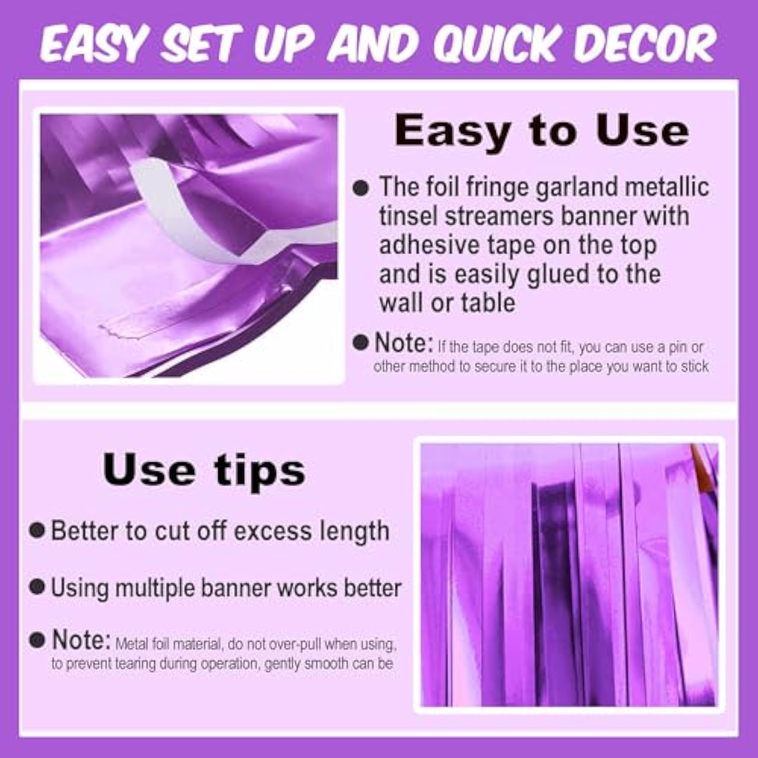 6 Pack 10 Ft Light Purple Foil Fringe Garland Metallic Streamers Tinsel Banner Wall Hanging Garland Backdrop For Parade Floats, Halloween, Christmas, Thanksgiving, New Year Party Decorations