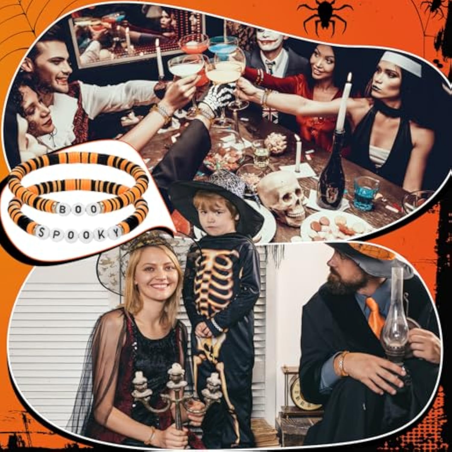 24 Pcs Spooky Boo Halloween Bracelets Polymer Clay Beaded Stretch Bracelets Letter Boho Jewelry For Women Halloween Party Favors For Family Friend Accessory Gift(Orange And Black)