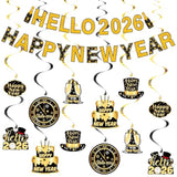 Black and Gold Happy New Year 2026 Banner with Hanging Swirls for Party Decor