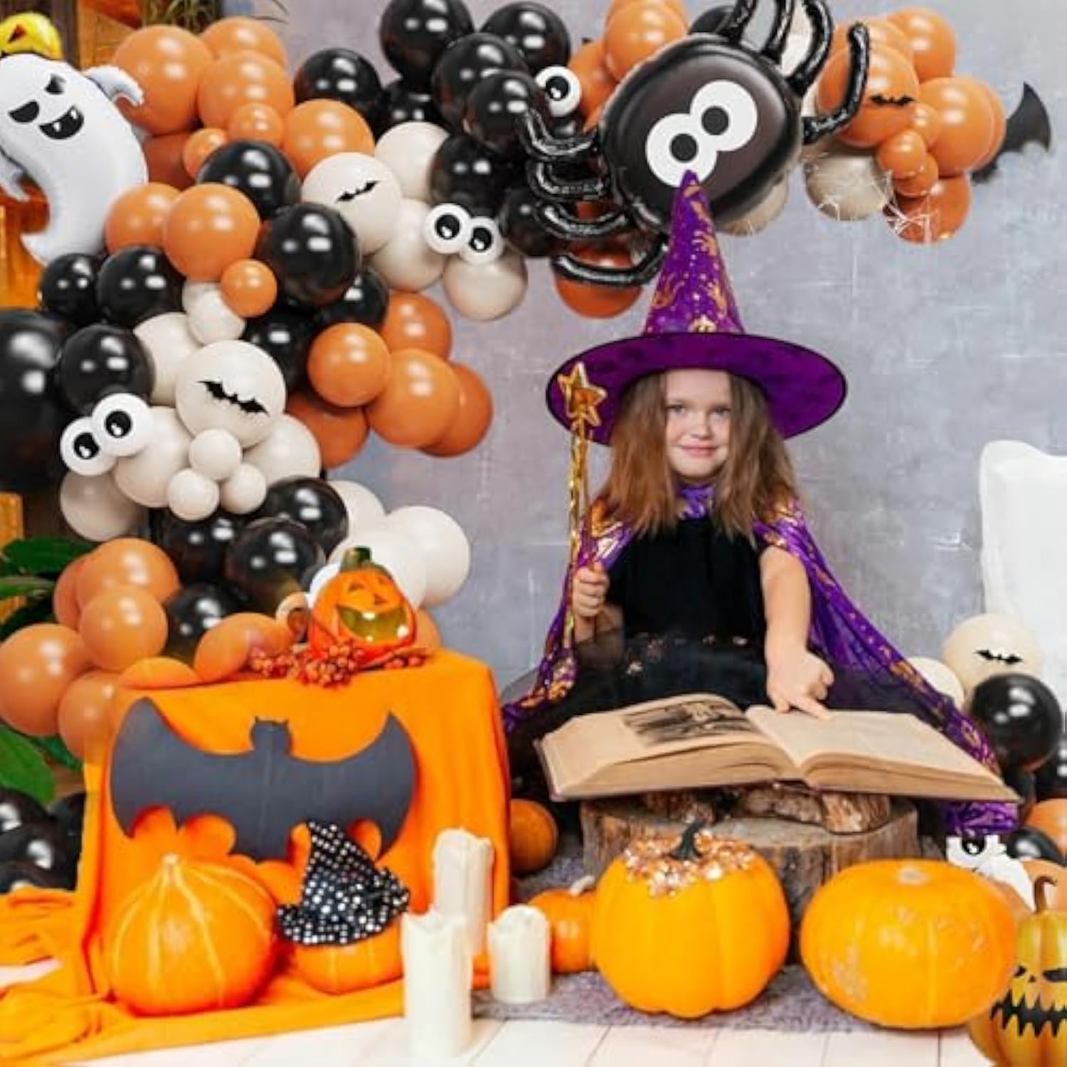 Halloween Balloon Arch Kit – Black Orange White with Spider, Pumpkin & Ghost