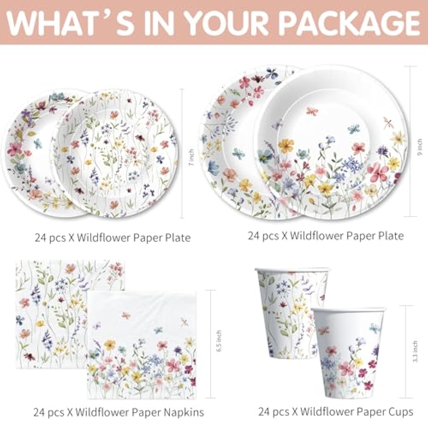 Wildflower Party Supplies, Floral Party Decorations Tableware, Plate, Napkins, Cup, Cutlery, Tablecloth, Backdrop, Banner, Spring Summer Flower Decorations For Birthday, Baby Shower, Serve 24