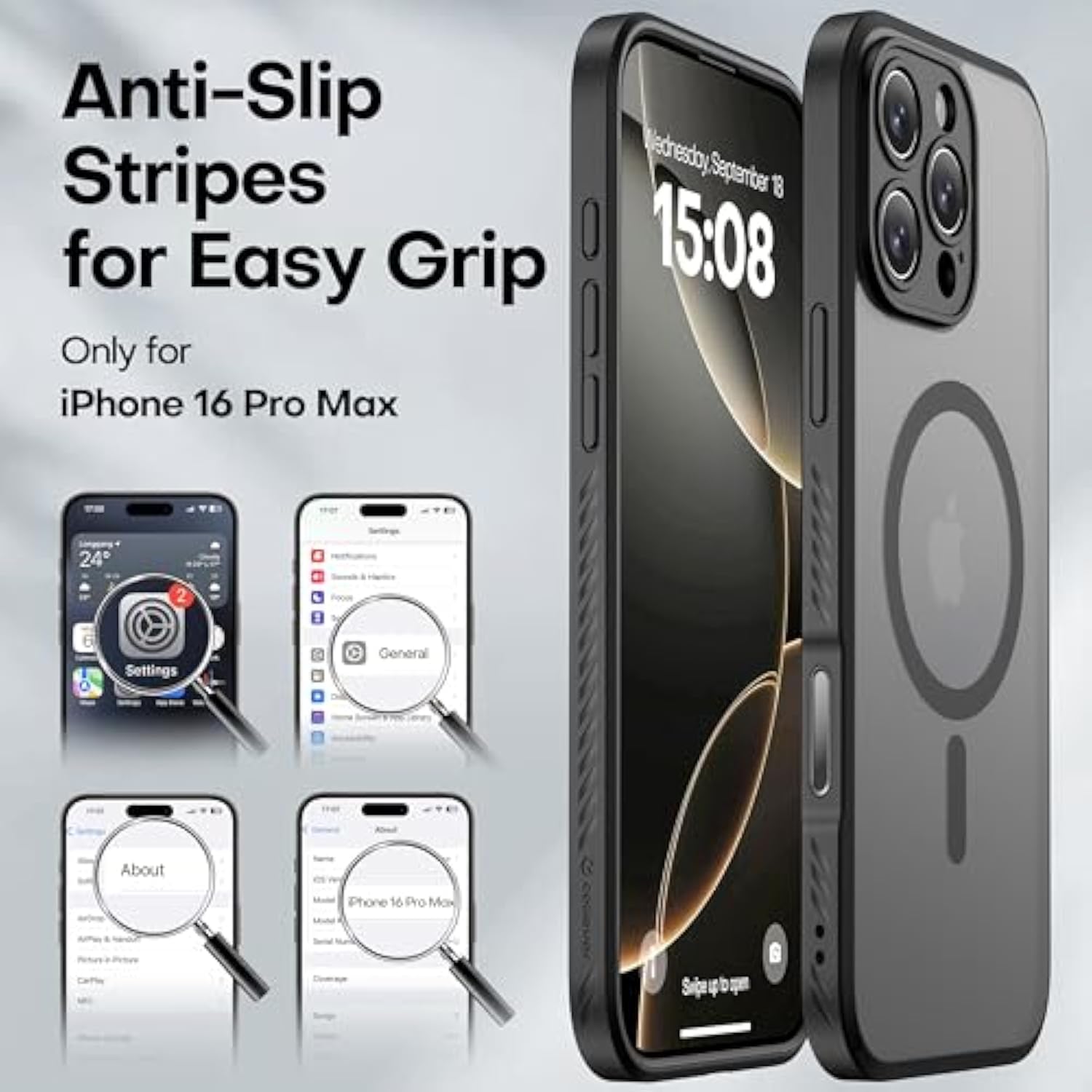 CellEver Strong Magnetic for iPhone 16 Pro Max Case with Camera Control Capture Button [Camera Protection] [Military Drop Protection] [Compatible with MagSafe] Slim Translucent Matte Cover, Black