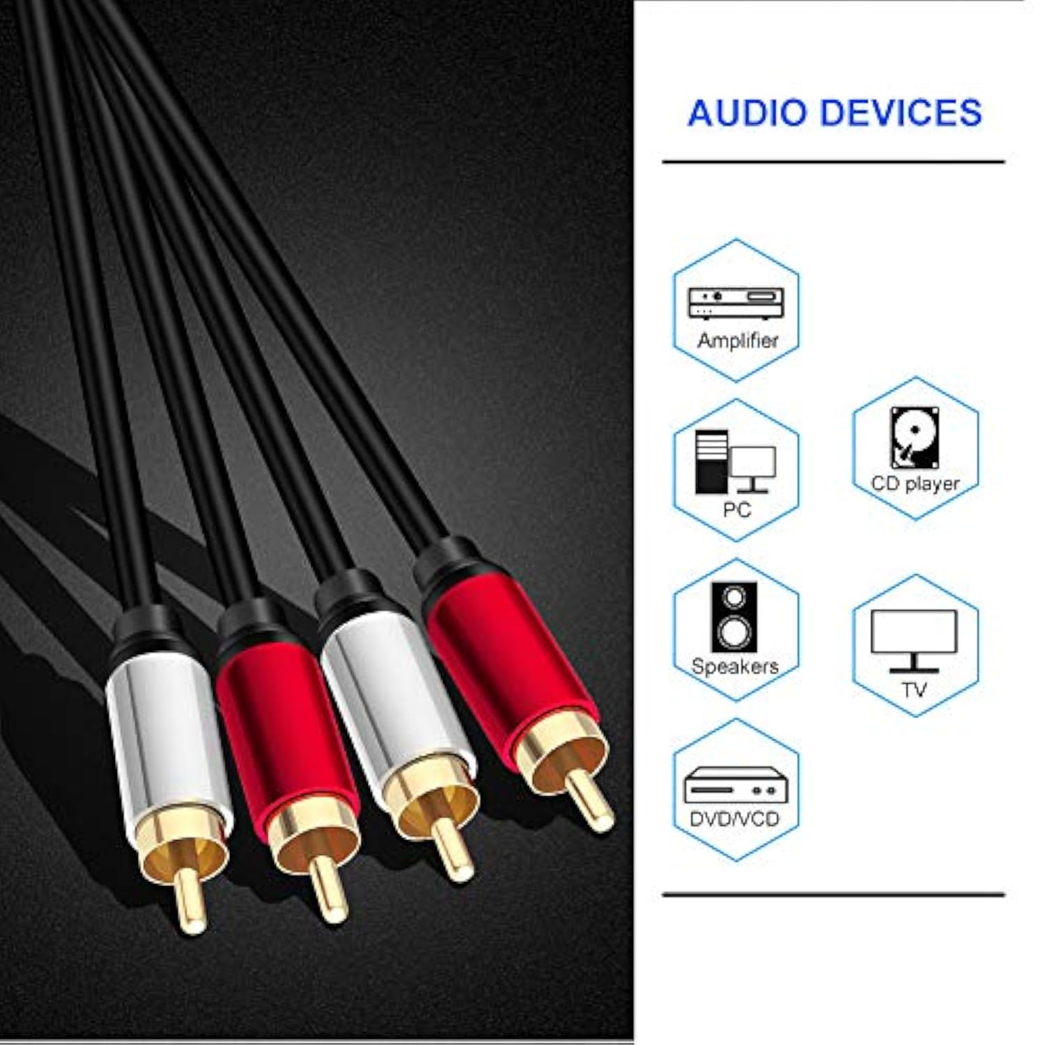 2Rca Male To 2Rca Male Stereo Audio Cable 20 Ft,Dual Shielded Gold-Plated Rca