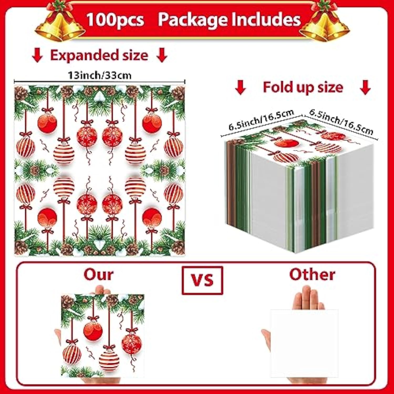 100Pcs Christmas Guest Napkins 3 Ply Holiday Disposable Paper Pack Christmas Balls Paper Luncheon Dinner Hand Napkins Beverage Disposable Napkin For Xmas Party