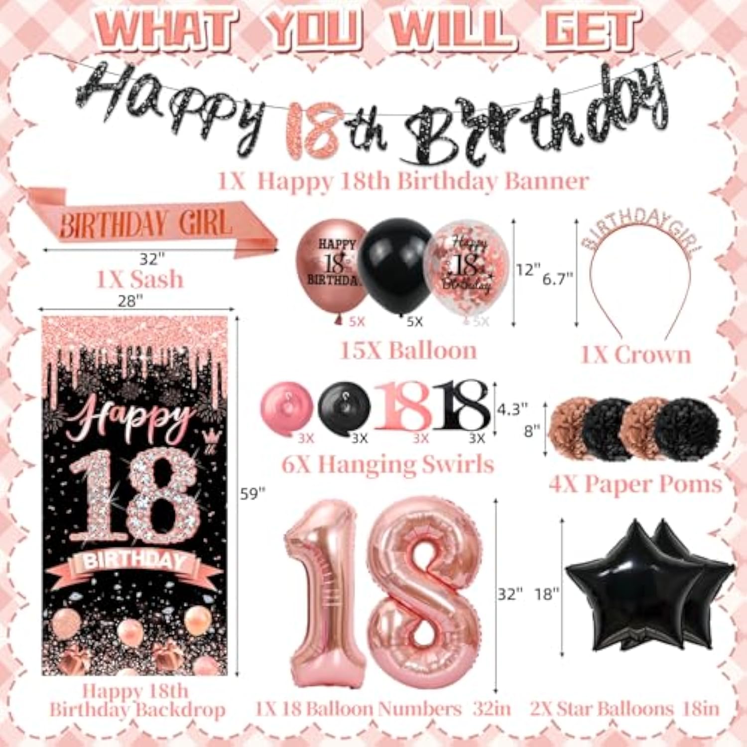 Rose Gold 18Th Birthday Decorations For Girls, Happy 18Th Birthday Decorations With Banner Backdrop For 18 Year Old Birthday Party Decoration Supplies