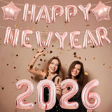 16in Rose Gold Happy New Year 2026 Foil Balloons Banner Party Supplies