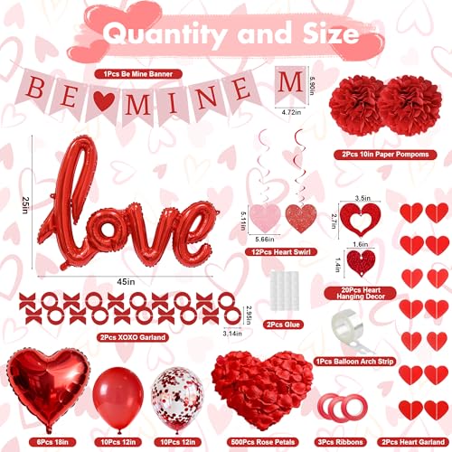 67Pcs Red Valentine's Day Decoration Set, BE MINE Banner, Foil Love Balloons, Love Heart XO Garlands, 500Pcs Rose Petals, Hanging Swirls, Pre-Assembled Set for Party Home Wedding Classroom Office