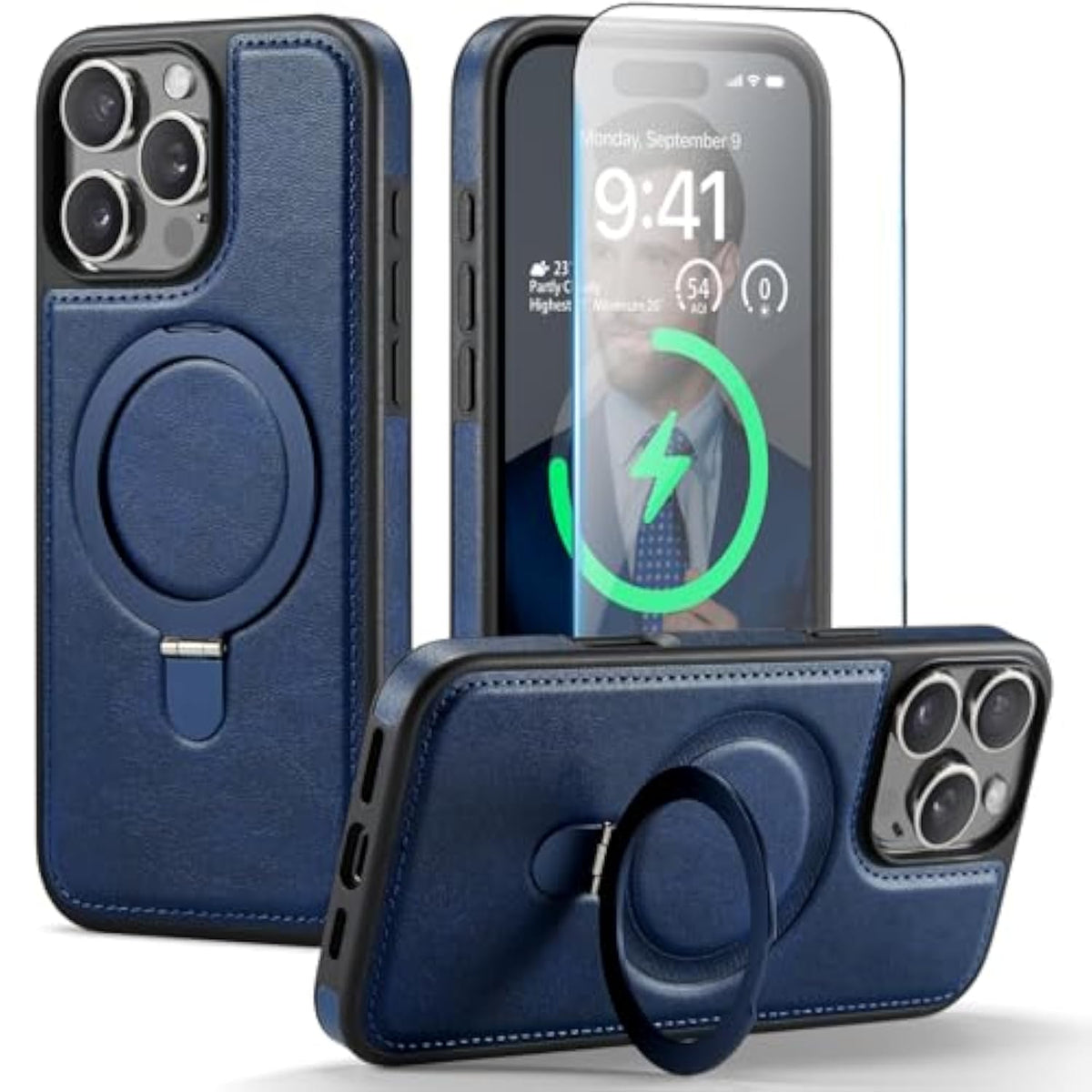 For Iphone 16 Pro Case With Stand Compatible With Magsafe Slim Pu Leather & Durable Tpu Drop Proof Magnetic Kickstand Protective Phone Cover With Tempered Glass Screen Protector 6.3", Blue