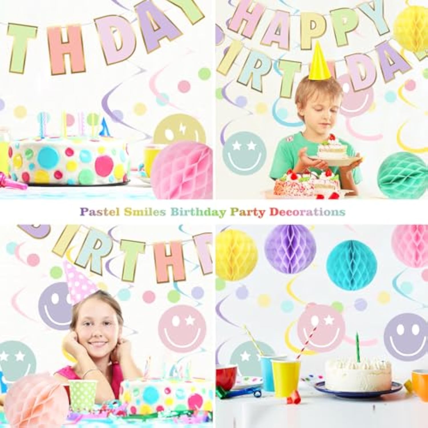 Pastel Birthday Decoration Set: Macaron Banner, Honeycomb Balls & Smiley Swirls
