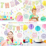 Pastel Birthday Decoration Set: Macaron Banner, Honeycomb Balls & Smiley Swirls