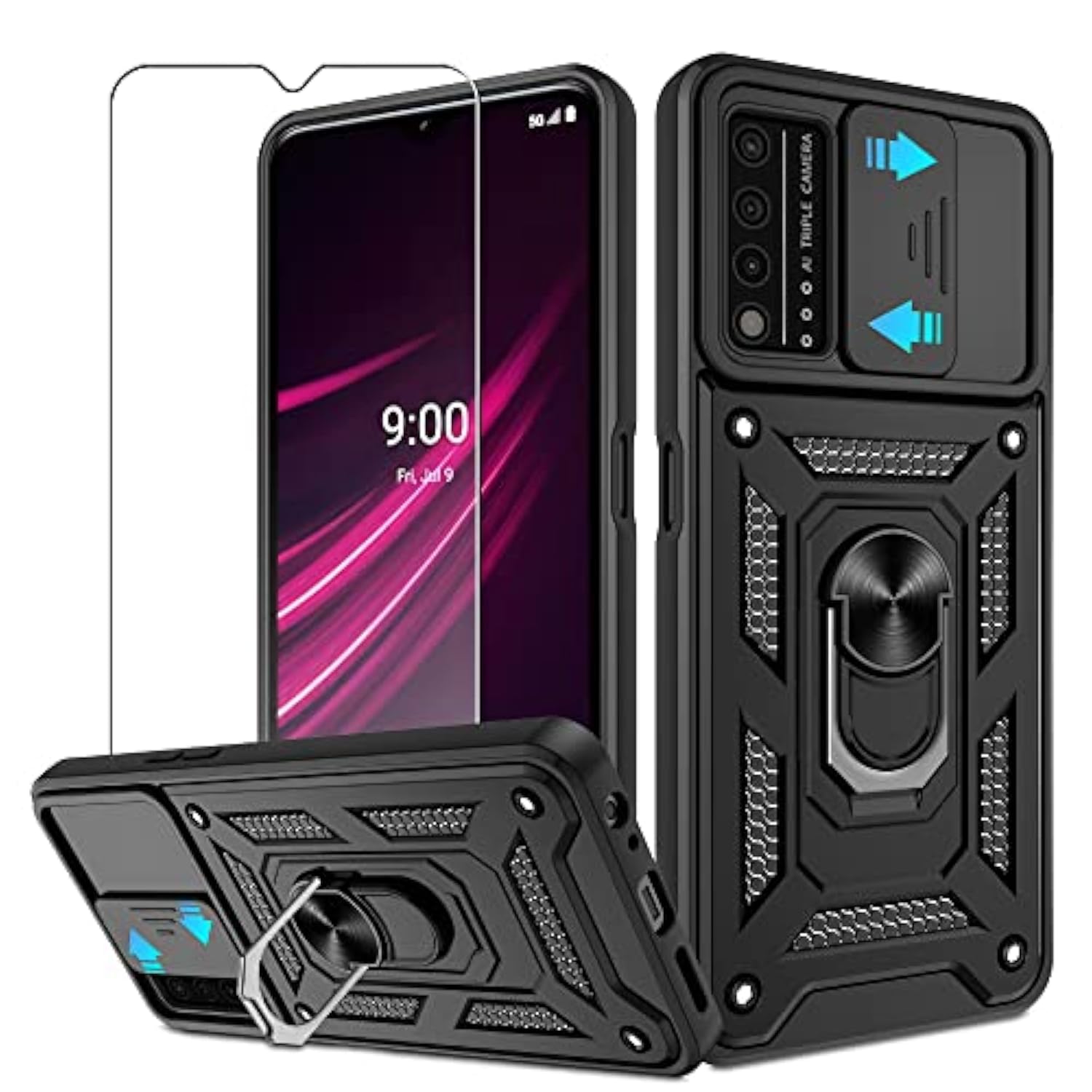 For T-Mobile Revvl V Plus 5G Case With Hd Screen Protector With Slide Camera Cover, 360° Rotation Ring Kickstand [Military Grade] Protective Case For T-Mobile Revvl V Plus 5G,Black