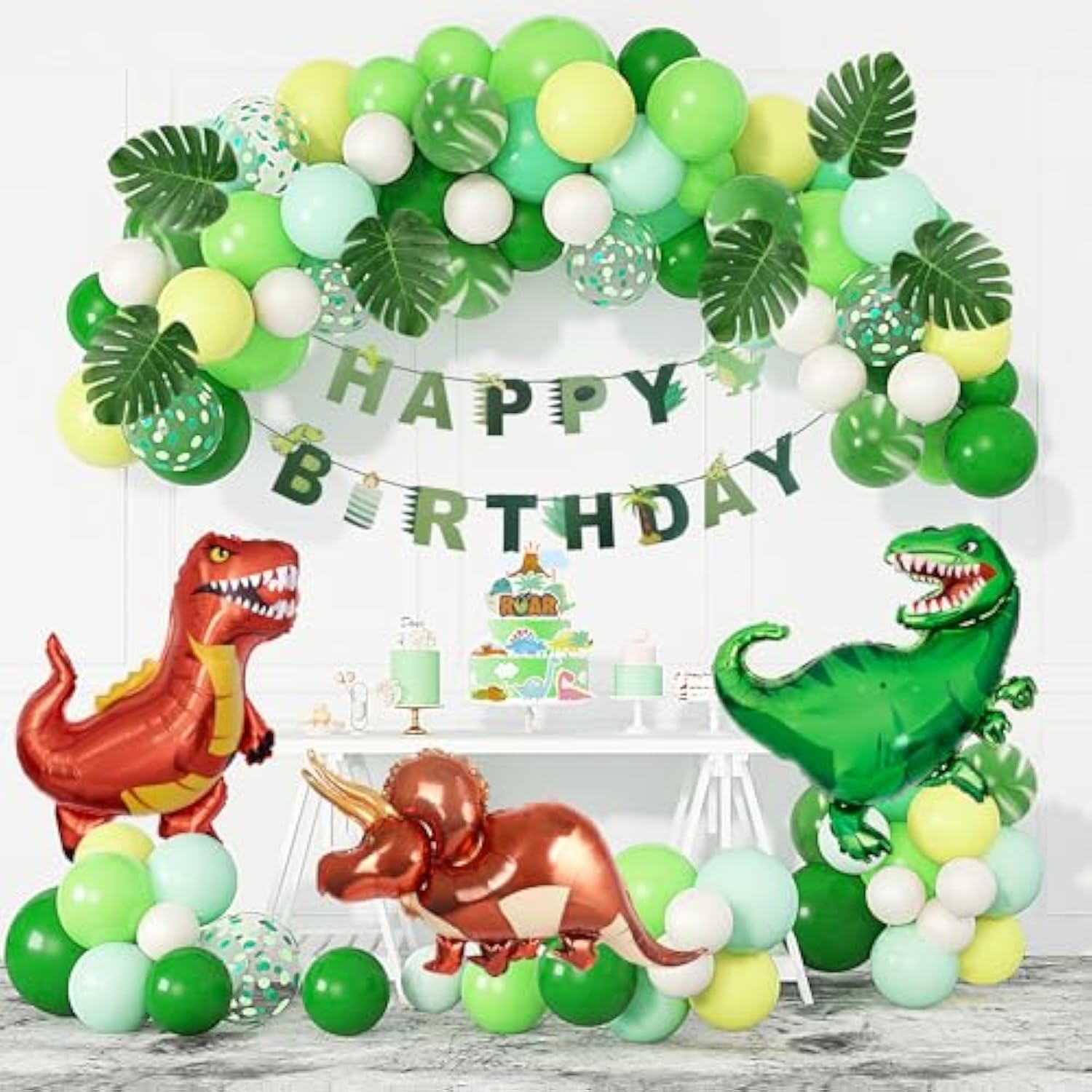 Dinosaur Balloons Arch Garland Kit - 40" Foil Dino Balloons, Happy Birthday Banners & Cake Topper For Jungle Dinosaur Party For Boys & Kids