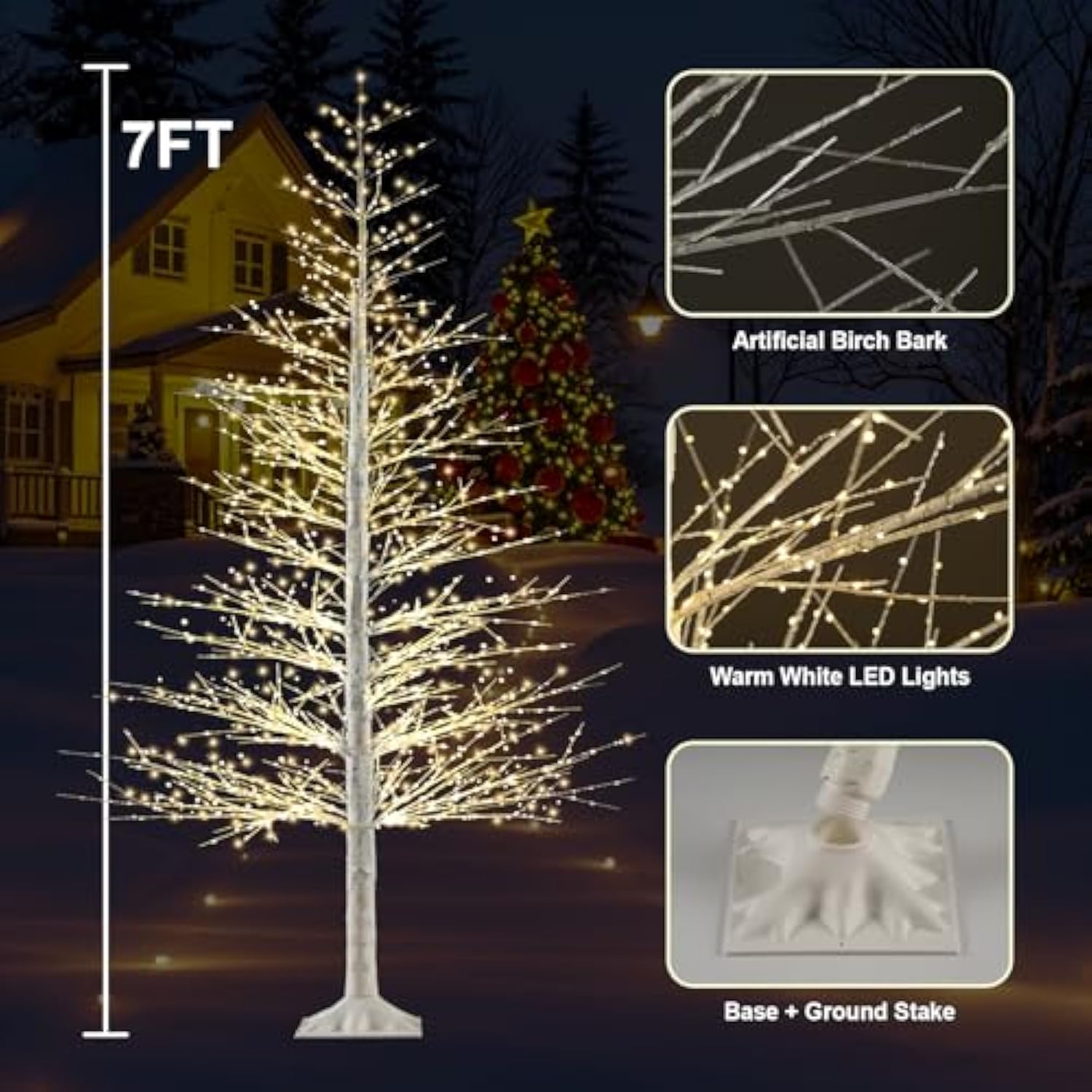 7Ft Lighted Birch Tree With 1500 Warm White Leds, Prelit Christmas Tree With Twinkle Lights, Outdoor Indoor Led Birch Tree With Timer & Brightness Control, Christmas Tree Decor