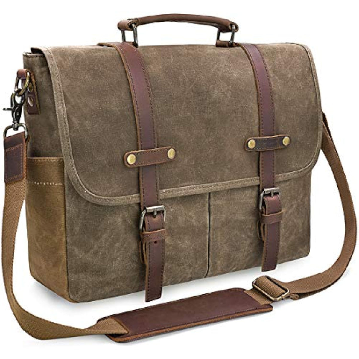 Mens Messenger Bag 15.6 Inch Waterproof Vintage Genuine Leather Waxed Canvas