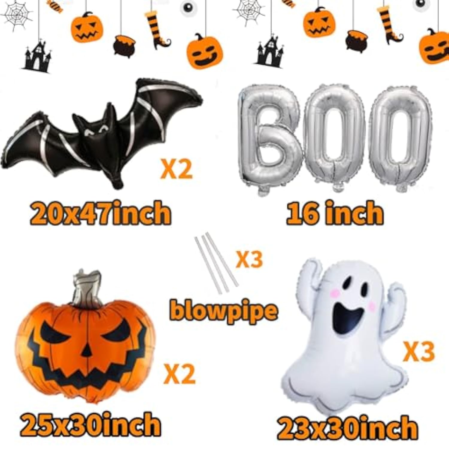 Halloween Foil Balloon Set: Ghost, Pumpkin, Bat, 'BOO'