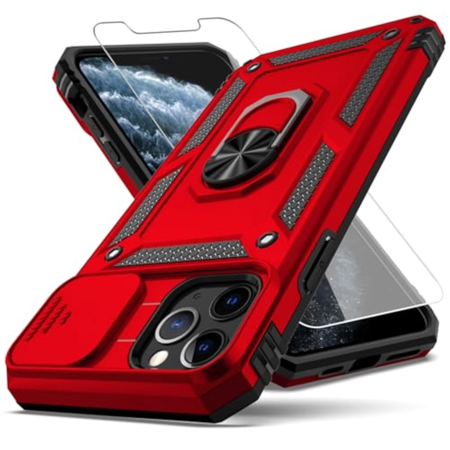 iPhone 11 Pro Max Case with Slide Camera Cover and HD Screen Protector, Rotated Ring Kickstand, Military Grade Shockproof Protective Cover, Red