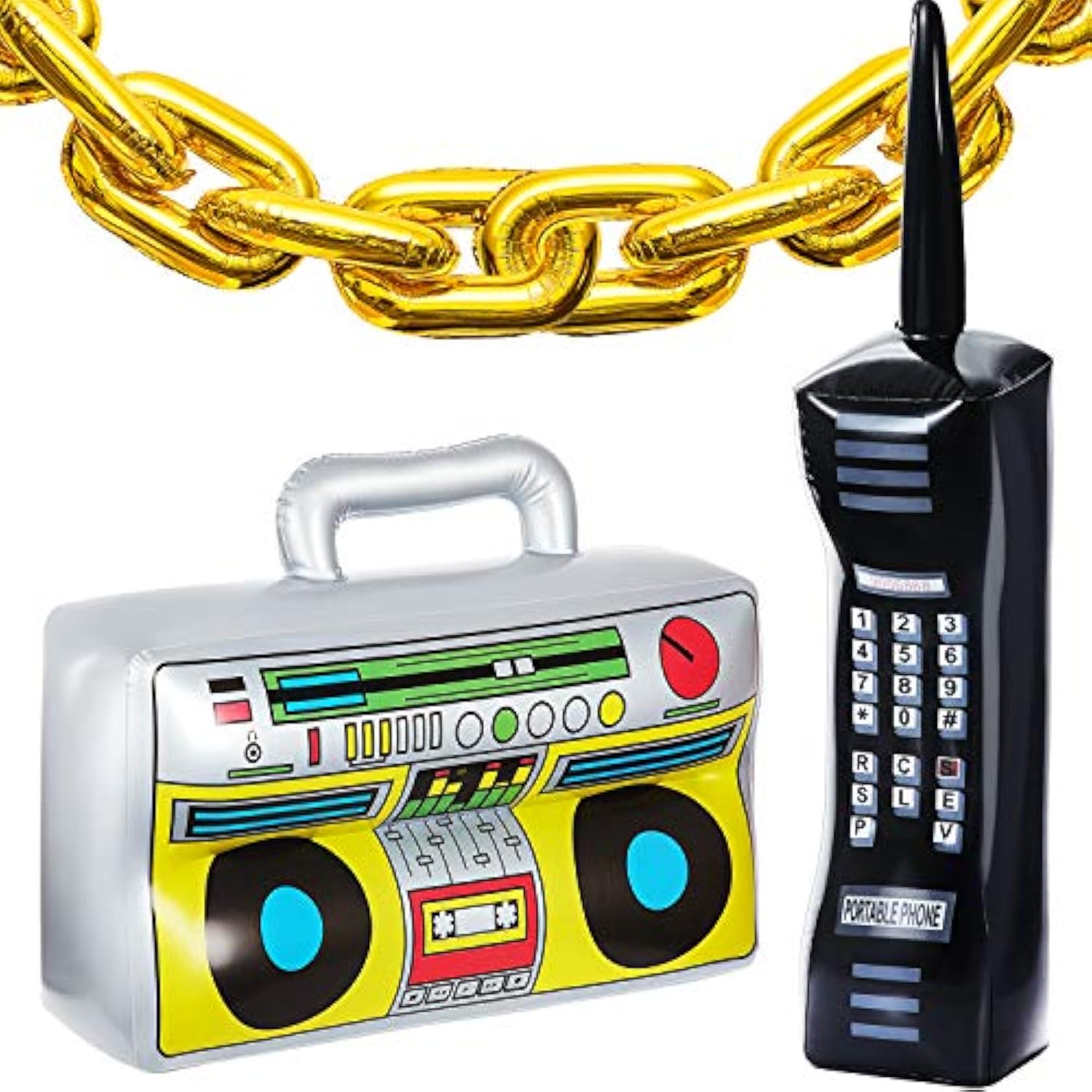 22 Pieces Inflatable Radio Boombox Inflatable Mobile Phone And 16 Inch Gold Inflatable Foil Chain Balloons 80S 90S Party Decorations Supplies Cosplay Props Hip Hop Theme Birthdays Weddings Graduations