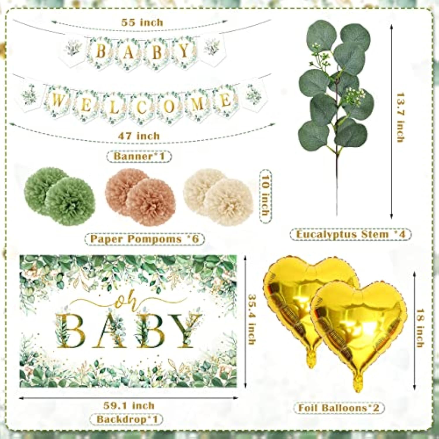 Sage Green Baby Shower Decoration For Girl Boy 99Pcs, Boho Greency Neutral Party Supplies With Oh Baby Backdrop Tablecloth Balloon Garland Kit For Woodland Safari Gender Reveal Party Decor