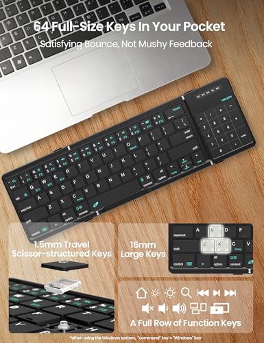 Foldable Travel Keyboard With Touchpad & Number Pad, Bluetooth Wireless Portable Folding Full Size Keyboard With Trackpad For Pc Laptop Ipad Tablets Smartphone, Silicone Leather Cover, Black