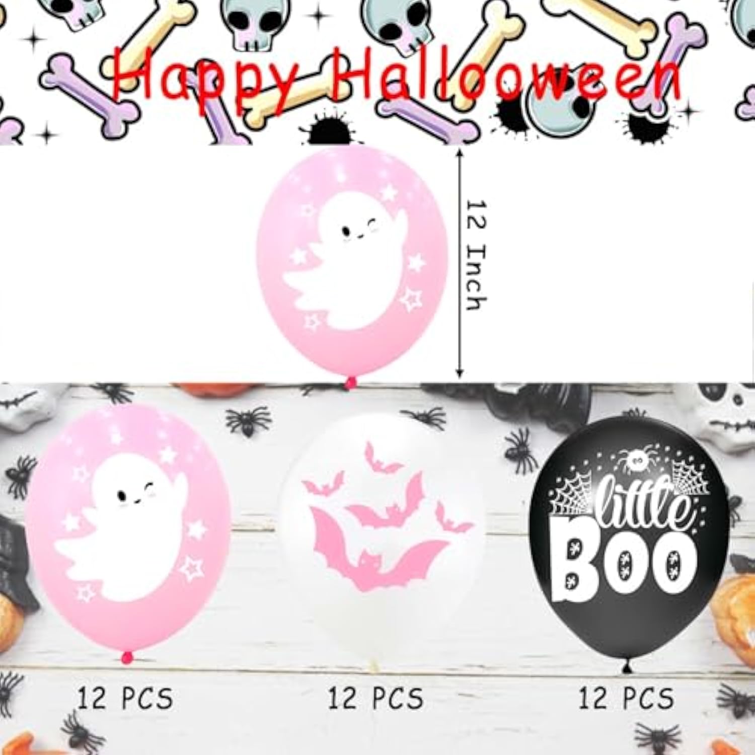 Happy Halloween Balloons – Pink White Black Latex with Ghost Bat & Web