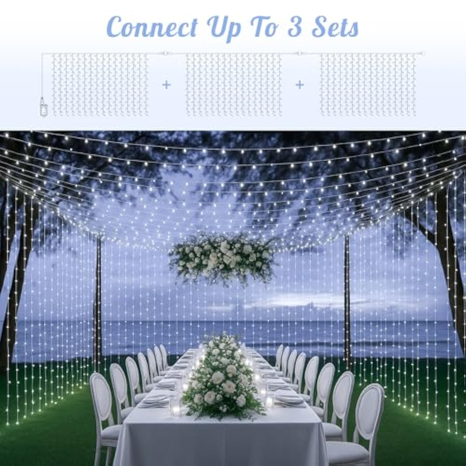 304 Led Curtain Lights Outdoor, 9.8Ft*9.8Ft Hanging String Lights Plug In With 8 Modes, Connectable Curtain Fairy Lights