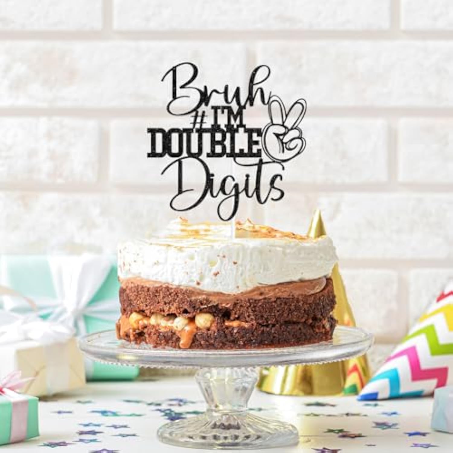 Bruh I'm 10 Cake Topper Black Glitter for Funny 10th Birthday Party