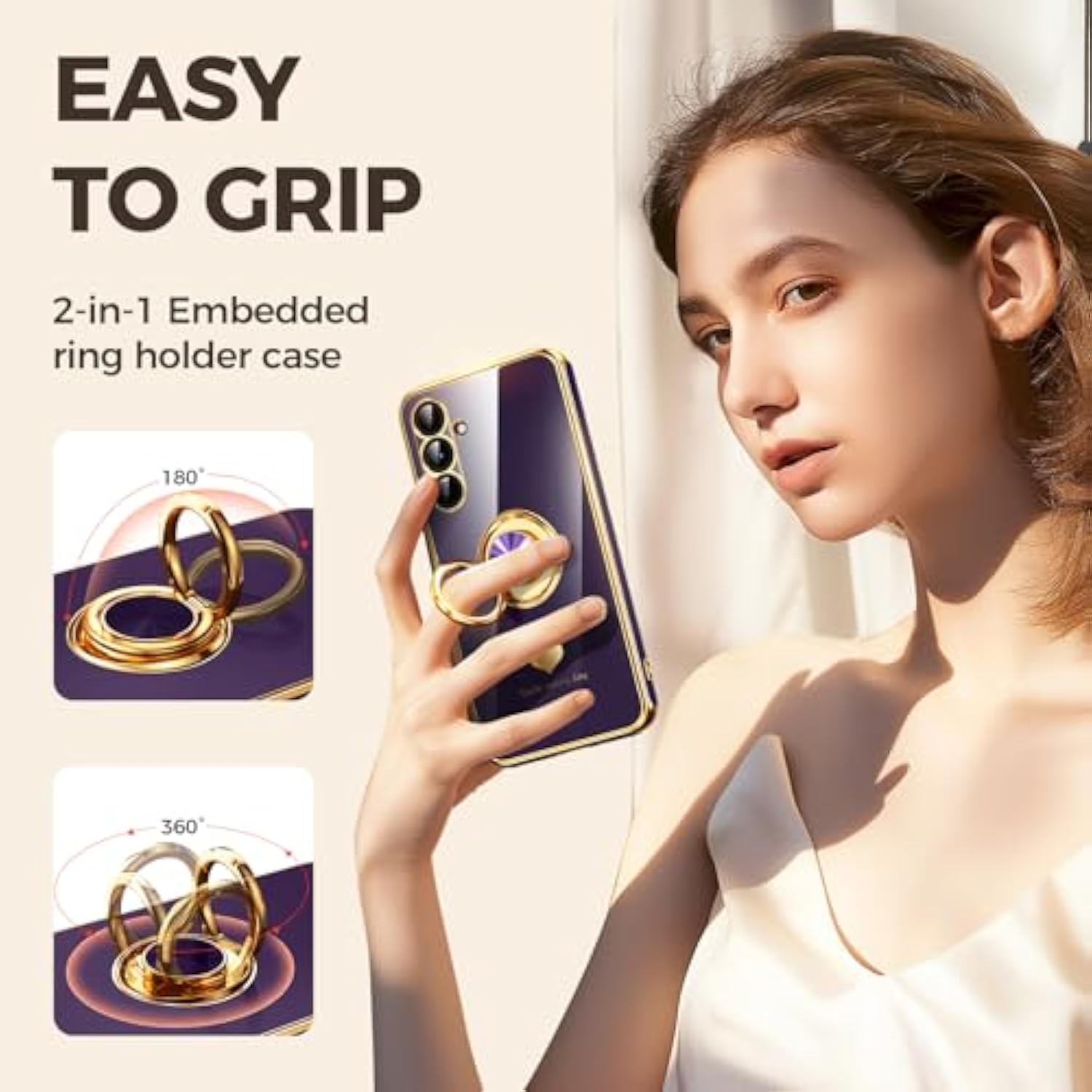 For Samsung Galaxy S23 Fe 5G Case With 2 Pack Screen Protector, 360° Rotatable Ring Holder [Luxury Hearts Pattern] Plating Gold Edge Slim Soft Phone Cover Case For Galaxy S23 Fe - Purple