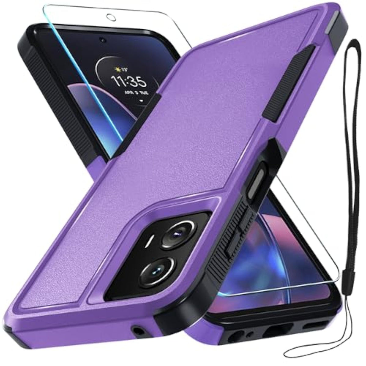 Case Compatible With Moto G 5G 2024, Full Body Heavy Duty Rugged Shockproof Protective Phone Cover With Lanyard Strap, Tempered Glass Screen Protector, Lavender