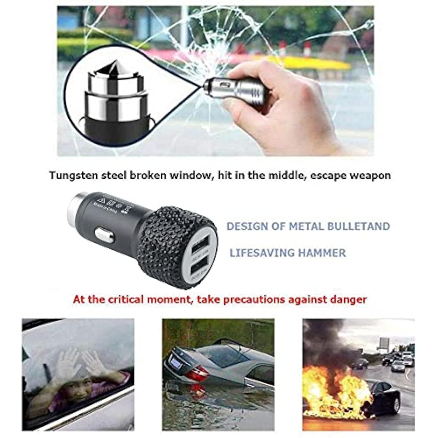 Bling Car Charger Accessories Set,Rhinestone Dual Usb Car Chargers + Bling 3 In1 Nylon Braided Charging Cable,Bling Crystal Decoration Car Accessories Kits For Girl And Women (Black)