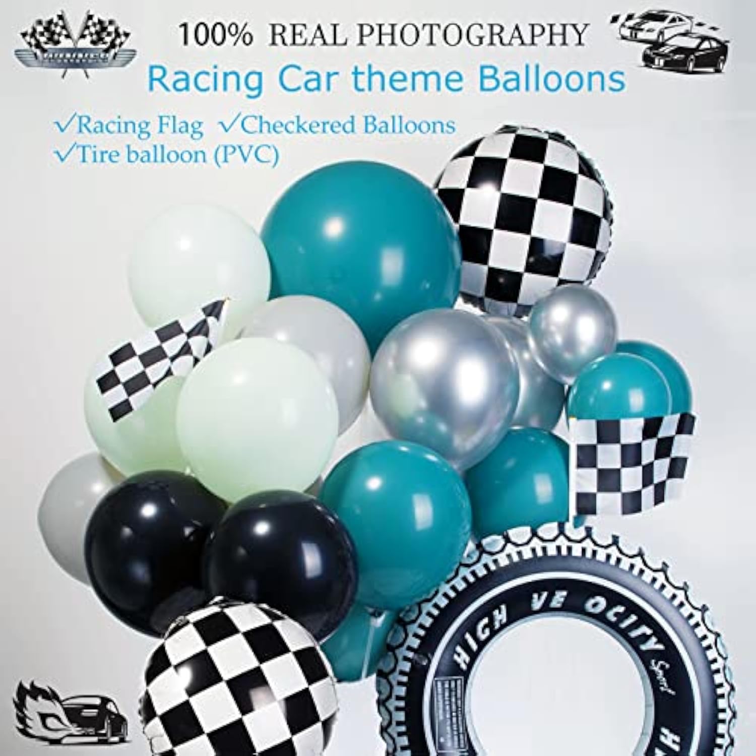 Race Car Balloon Garland Kit 130Pcs Two Fast Birthday Decorations Blue And Green White & Checkered Flag Balloons, Race Cars Party Supplies