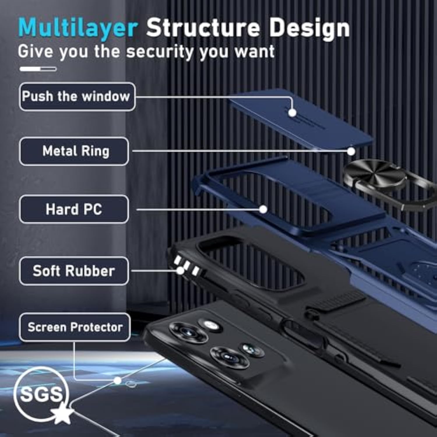 Compatible With Moto G Power 5G 2025 Case Built In Slide Camera Lens Cover+Screen Protector+Finger Ring Holder Kickstand,Heavy Duty Shockproof Full Body Protective Phone Cover,Blue