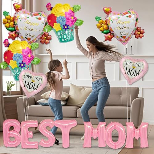 13 Pcs Happy Mother's Day Balloons Mother's Day Party Decorations Heart shapeLove You Balloons for Rose flower Best Mom Thematic Birthday Party Decorations